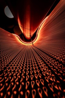 Futuristic red light installation with geometric patterns