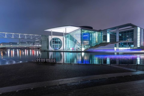 Government district with modern architecture and lighting in the evening