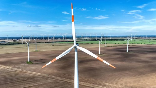 Aerial view of windmills in a wind farm