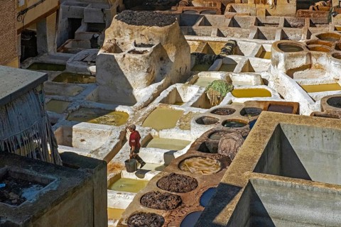 Sidi Moussa Tannery with round stone vessels filled with dye and softening liquids in medina Fes el-Bali of the city Fes