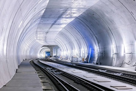 Construction site in the tunnel at the new through station in Stuttgart. A total of 56 kilometres of tunnels have been dug for Deutsche Bahn AG's Stuttgart 21 project and tunnelling has been completed...
