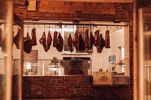 Butcher shop in Italy. Parma ham. Tourism and travel concept.
