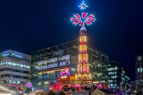 Stuttgart Christmas market with Christmas pyramid and art museum