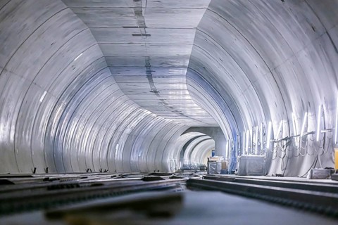Construction site in the tunnel at the new through station in Stuttgart. A total of 56 kilometres of tunnels have been dug for Deutsche Bahn AG's Stuttgart 21 project and tunnelling has been completed...