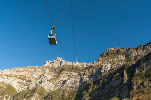 The gondola of the Saentis railway against the backdrop of the Saentis