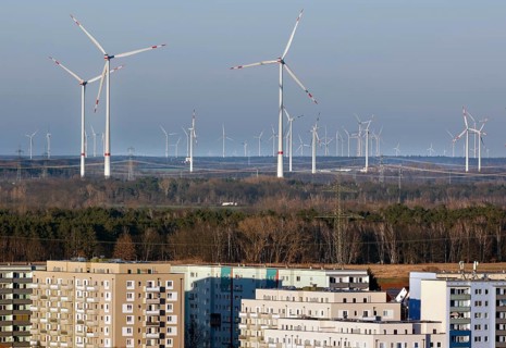View of a wind turbine for power generation in Brandenburg