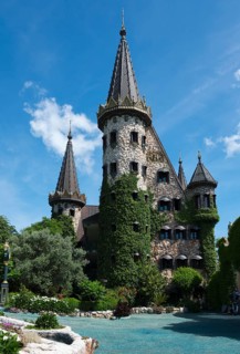 Picturesque castle entwined with ivy under a blue sky with sparse clouds over a small pond