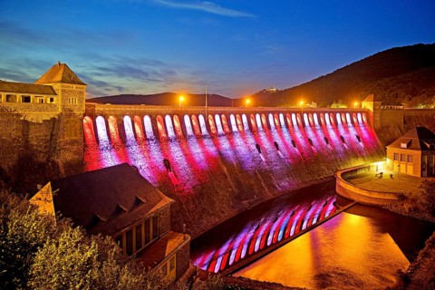 The Edersee dam wall illuminated by LED spotlights holds the German record as the longest permanently illuminated object