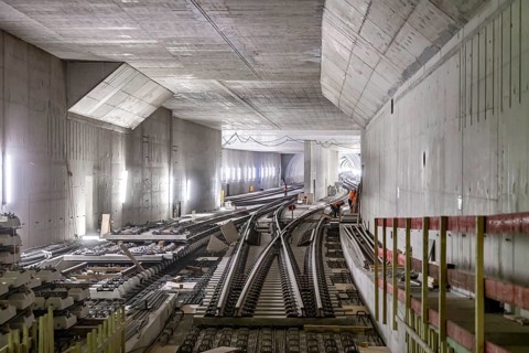 Construction site in the tunnel at the new through station in Stuttgart. A total of 56 kilometres of tunnels have been dug for Deutsche Bahn AG's Stuttgart 21 project and tunnelling has been completed...