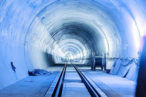 Construction site in the tunnel at the new through station in Stuttgart. A total of 56 kilometres of tunnels have been dug for Deutsche Bahn AG's Stuttgart 21 project and tunnelling has been completed...