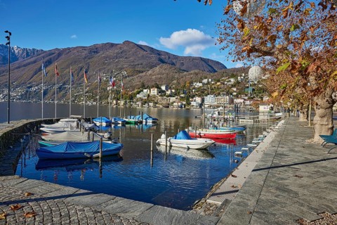 Lungolago of Lake Maggiore with motorboats