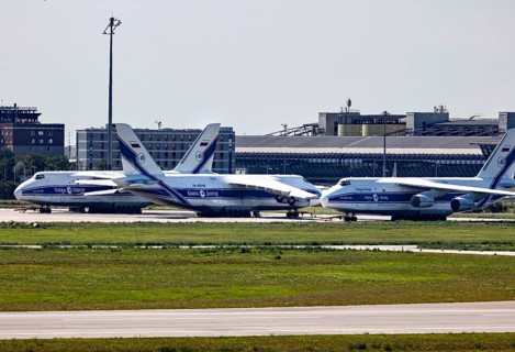 Three confiscated Antonov AN 124 cargo aircraft from the Russian Volga-Dnepr Group are parked at Leipzig-Halle Airport. Due to the flight ban with which the EU has sanctioned Russia
