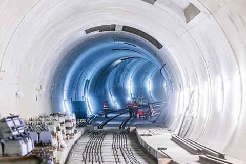 Construction site in the tunnel at the new through station in Stuttgart. A total of 56 kilometres of tunnels have been dug for Deutsche Bahn AG's Stuttgart 21 project and tunnelling has been completed...