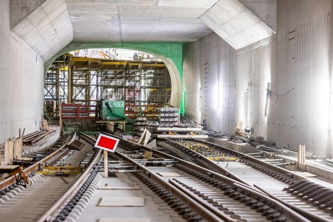 Construction site in the tunnel at the new through station in Stuttgart. A total of 56 kilometres of tunnels have been dug for Deutsche Bahn AG's Stuttgart 21 project and tunnelling has been completed...