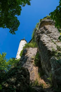 Lookout tower at the end of the 19th century at Teck Castle with the Schwaebischer Albverein hiking centre