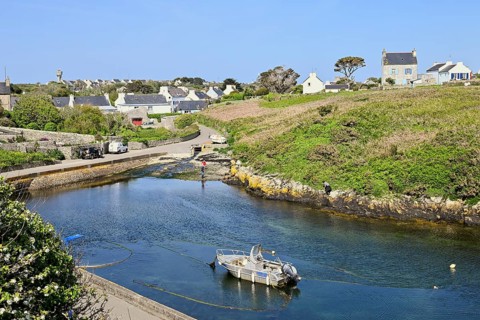 Boat in the small inland harbour of Lampaul, Ouessant Island, Finistere, Brittany, France, Europe