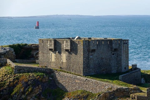 Kermorvan peninsula with fort, behind Ouessant island, Le Conquet, Finistere Pen ar Bed department,