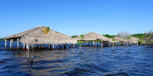 Flooded beach huts, Alter do Chao Beach, Tapajos River, Para state, Brazil, South America
