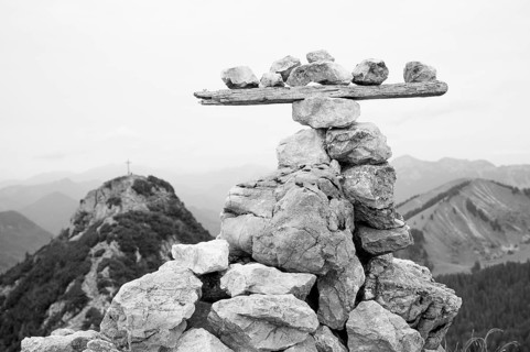 Steinmandl on the Buchstein, behind Rossstein, mountaineering village Kreuth, Mangfall mountains,