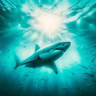 A great white shark swims in the ocean in a school of fish, AI generated, AI generated