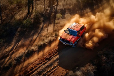A dynamic aerial view of monster truck, with large tires, making its way off-road through rough