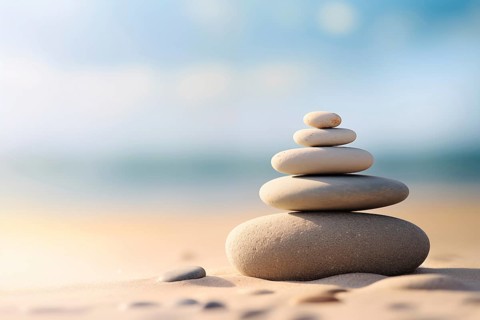 Zen stones stack on sand waves in a minimalist setting for balance and harmony. Balance, harmony,