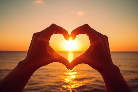 Two hands forming a heart shape, silhouetted against a breathtaking ocean sunset. Love and warmth