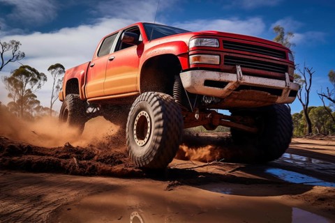 Monster truck driving outdoors amidst a cloud of dust. Thrill and adrenaline of an outdoor racing