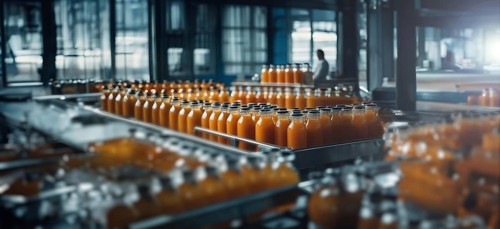Production of juice from fruits and berries at the factory, conveyor with bottles of juice, AI