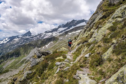 Mountaineer on rocky hiking trail, Berliner Hoehenweg, mountain panorama with summit Schrammacher,