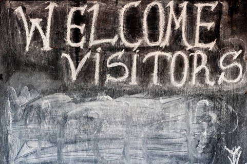 Sign, welcome, English, visitor, reception, greeting, chalk, board