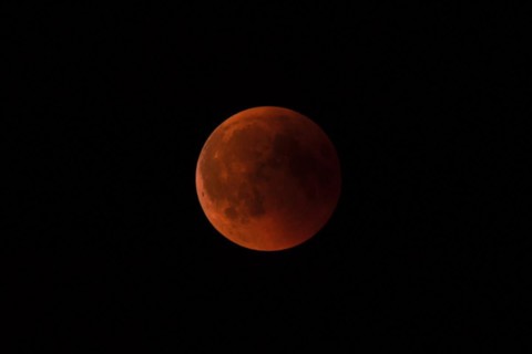 A total lunar eclipse with a reddish moon against a dark sky, Haan, North Rhine-Westphalia,