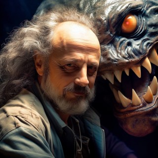 Elderly man with long grey hair and a full beard who is confronted with his evil self, a creature