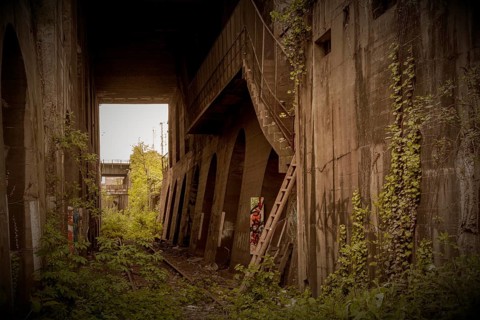 A mysterious, abandoned bridge with arches, surrounded by plants and graffiti, former railway