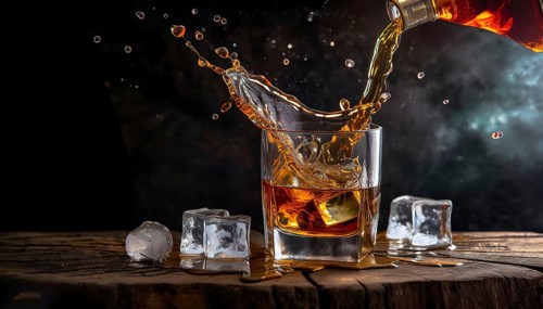 Whiskey with rocks or ice cubes in a glass with ice in a dark wooden background. AI Generated, AI