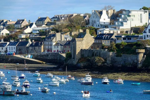 Harbour and commune of Le Conquet, seen from the Kermorvan peninsula, Finistere Pen ar Bed