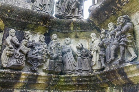 Calvary Calvaire, granite stone carving, Enclos Paroissial parish enclosure of Guimiliau, Finistere