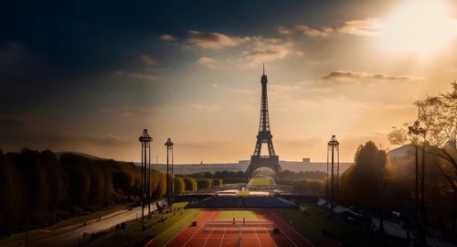 Concept of the Olympic Games in Paris France 2023, the stadium at the Eiffel Tower, AI generated