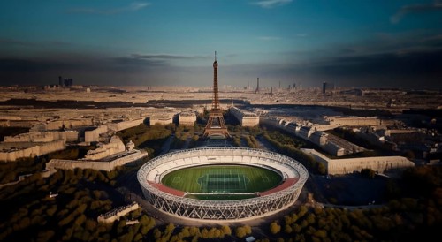 Concept of the Olympic Games in Paris France 2023, the stadium at the Eiffel Tower, AI generated