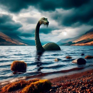 Mythology, the mythical creature Nessie, the Loch Ness monster, in Loch Ness in Scotland, AI