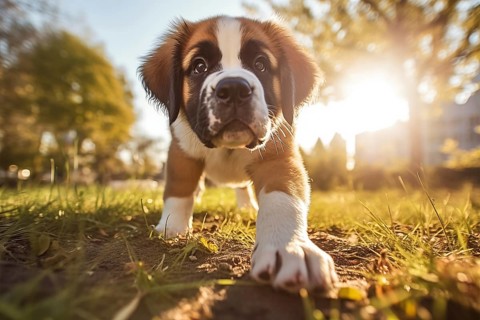 A curious cute Saint Bernard puppy with expressive eyes and floppy ears, exploring the outdoors on
