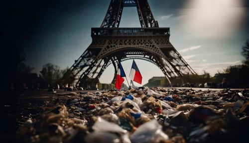 Garbage on the streets of Paris after sports competitions and concerts. Concept of the Olympic