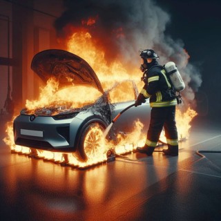 A firefighter in full gear uses a hose with chemical white foam to extinguish flames engulfing