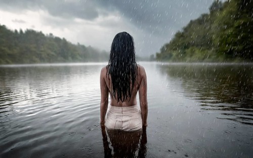 Suicidal thoughts, a young depressive woman with suicidal intent stands in the water by a lake in
