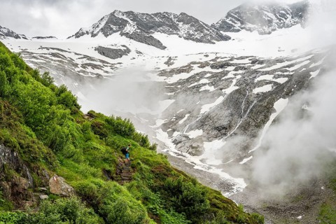 Mountaineers on a hiking trail, in the background glaciated peak Dosso Largo and glacier