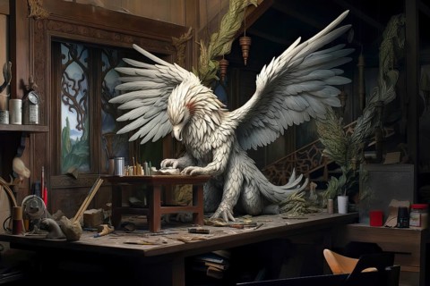 Griffin with eagle head and wings sitting in a medieval castle, AI Generated, AI generated