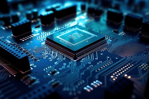 Close-up image of a blue circuit board with a central microchip processor CPU with various