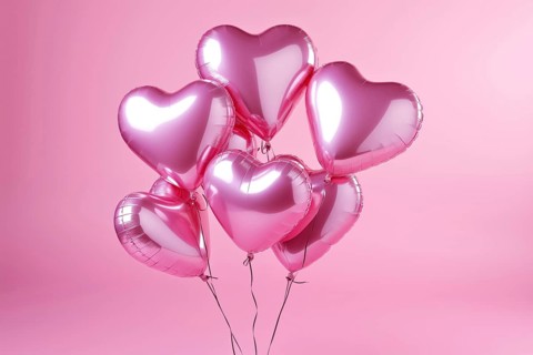 Bunch of glossy pink heart-shaped balloons against a soft pink background, perfect for Valentine's