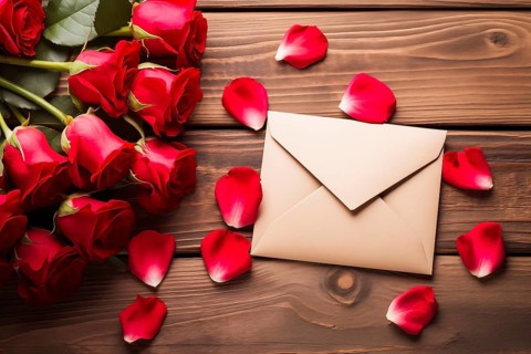 Vibrant red roses, a romantic valentine love letter in an elegant envelope, and scattered rose