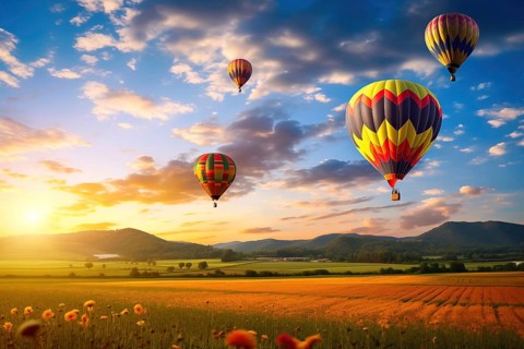 A colorful hot air balloons floats in sky over a blooming field meadow of flowers landscape at